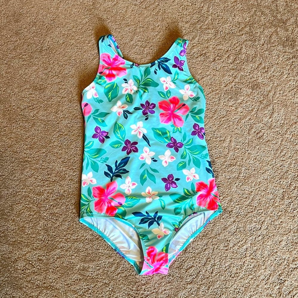 Lands' End Girls One Piece Swimsuit Size 12 Light Teal With Flowers